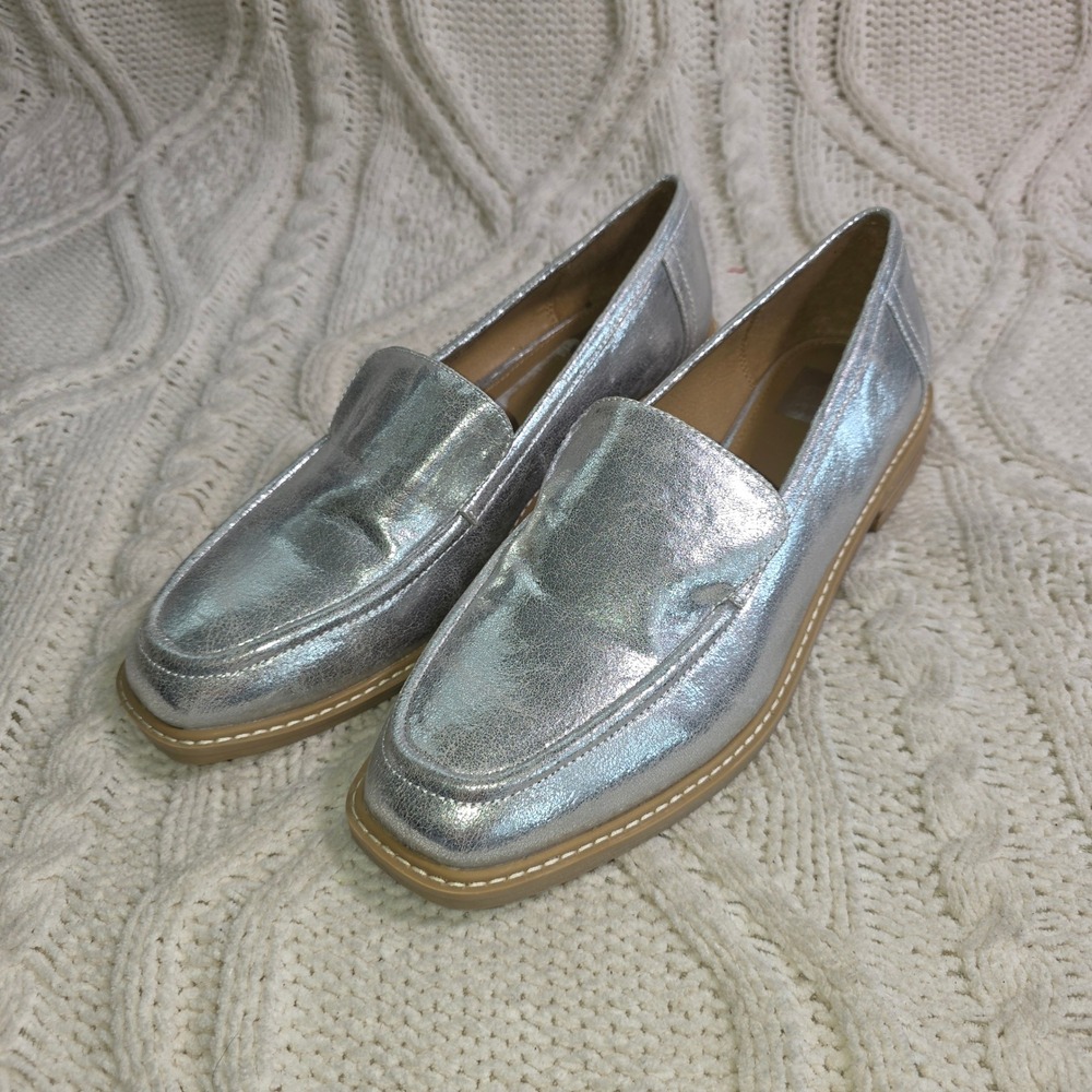 Dolce Vita Fran Shiny‎ Loafers Silver Metallic Square Toe Womens 10 Excellent